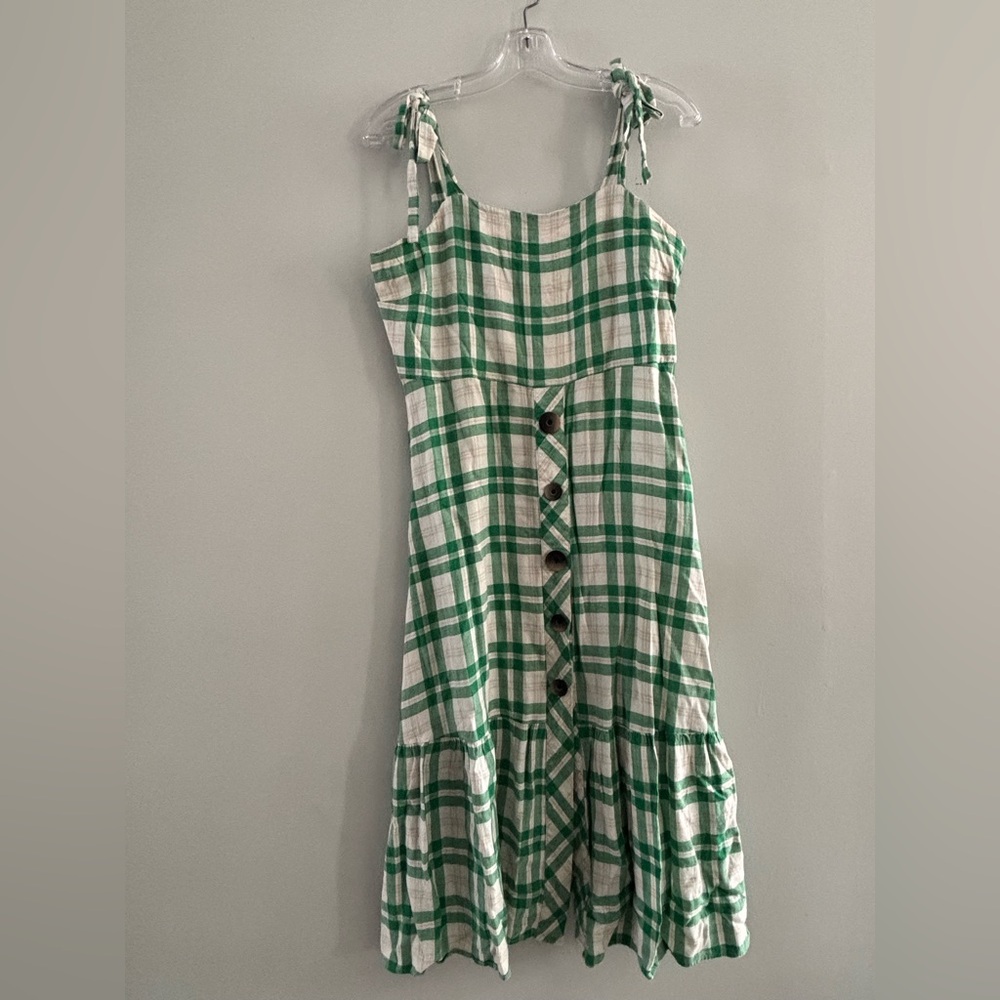 Zara Checkered Dress Green White Button Bow Fit Flare Tie Shoulder Plaid Midi L